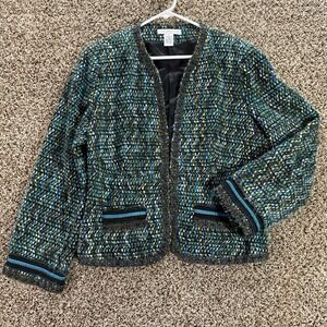 Pursuits Ltd Womens 16 Textured Boucle Jacket Beaded Trim Hook Front Jewel Tones